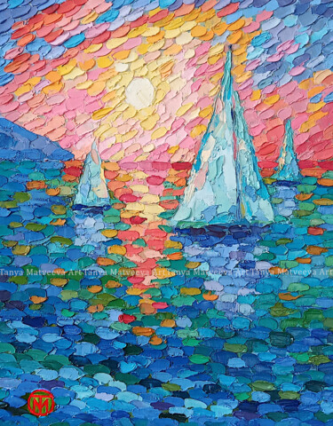 绘画 标题为“Sailboat Painting I…” 由Tatiana Matveeva, 原创艺术品, 油 安装在木质担架架上