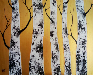 Painting titled "Birch Tree Painting…" by Tatiana Matveeva, Original Artwork, Acrylic Mounted on Wood Stretcher frame