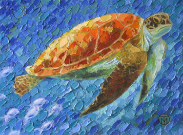 Pintura intitulada "Sea Turtle Painting…" por Tatiana Matveeva, Obras de arte originais, Óleo Montado em Armação em madeira