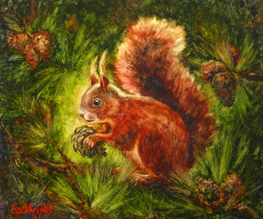 Painting titled "Squirrel Painting A…" by Tatiana Matveeva, Original Artwork, Oil Mounted on Wood Stretcher frame