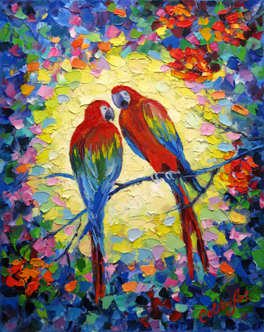 Painting titled "Parrot Painting Lov…" by Tatiana Matveeva, Original Artwork, Oil Mounted on Wood Stretcher frame