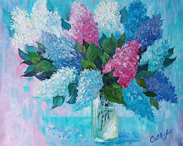 Painting titled "Lilac Painting Flor…" by Tatiana Matveeva, Original Artwork, Oil Mounted on Wood Stretcher frame