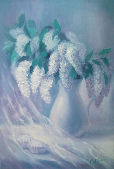 Painting titled "Flower Still Life C…" by Tatiana Matveeva, Original Artwork, Oil Mounted on Wood Stretcher frame