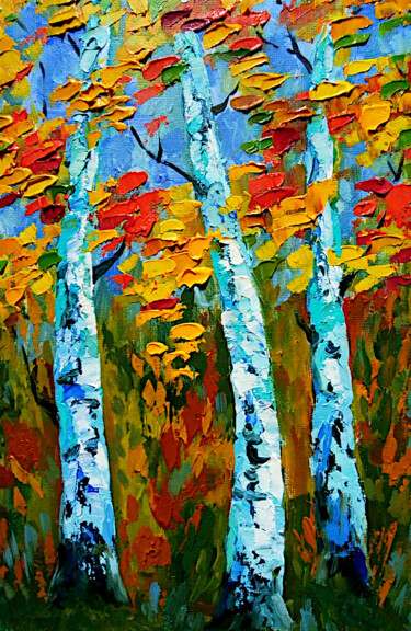 Malarstwo zatytułowany „Birch Tree Painting…” autorstwa Tatiana Matveeva, Oryginalna praca, Olej Zamontowany na Karton