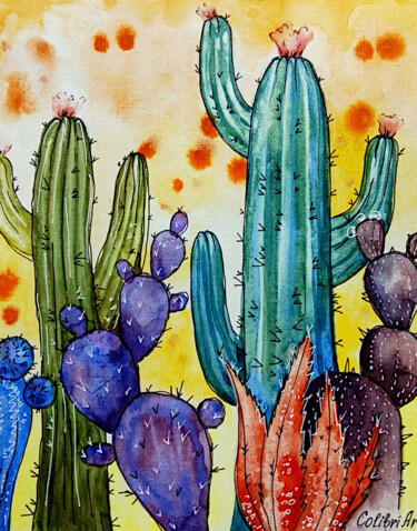 Картина под названием "Cactus Painting Des…" - Tatiana Matveeva, Подлинное произведение искусства, Акварель