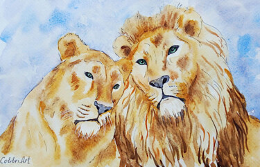 Peinture intitulée "Lion Painting Love…" par Tatiana Matveeva, Œuvre d'art originale, Aquarelle
