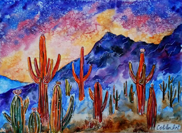 Malerei mit dem Titel "Desert Painting Cac…" von Tatiana Matveeva, Original-Kunstwerk, Aquarell