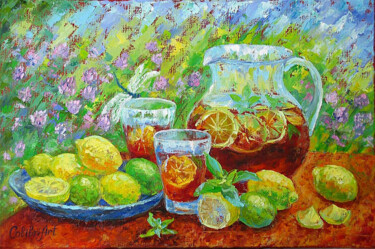 绘画 标题为“Lemon Painting Tea…” 由Tatiana Matveeva, 原创艺术品, 油 安装在木质担架架上