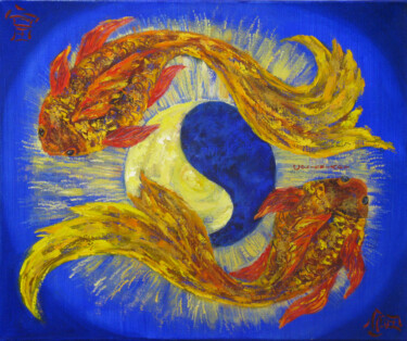 Painting titled "Koi Fish Painting Y…" by Tatiana Matveeva, Original Artwork, Oil Mounted on Wood Stretcher frame