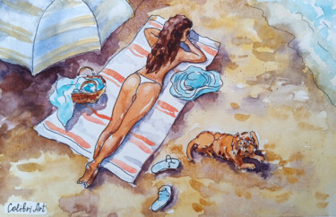 Schilderij getiteld "Beach Painting Nude…" door Tatiana Matveeva, Origineel Kunstwerk, Aquarel