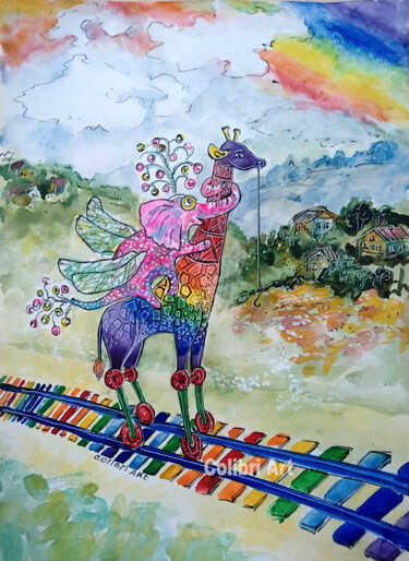 Pintura titulada "Giraffe Painting El…" por Tatiana Matveeva, Obra de arte original, Acuarela