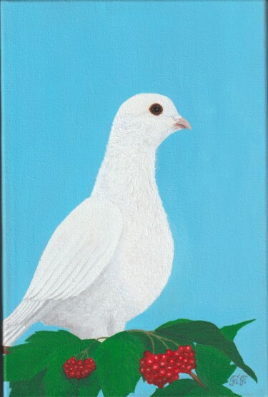 Malerei mit dem Titel "A dove on a viburnum" von Tatiana Paterilo, Original-Kunstwerk, Acryl