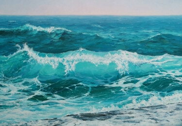 Painting titled "Waves. Sea." by Tatiana Pavlova, Original Artwork, Oil Mounted on Wood Stretcher frame