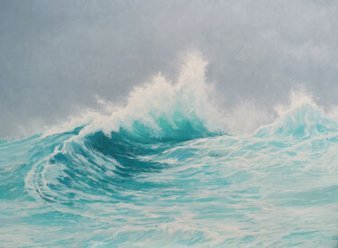 Painting titled "Turquoise wave" by Tatiana Pavlova, Original Artwork, Oil Mounted on Wood Stretcher frame