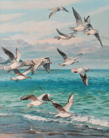 Schilderij getiteld "Seagulls. Sea." door Tatiana Pavlova, Origineel Kunstwerk, Olie