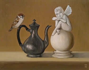 Malerei mit dem Titel "Sparrow and angel.…" von Tatiana Popova, Original-Kunstwerk, Öl Auf Keilrahmen aus Holz montiert