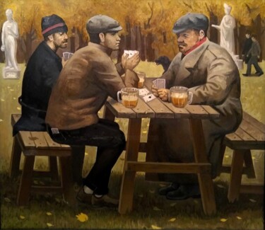 Painting titled "The players in the…" by Tatiana Popova, Original Artwork, Oil Mounted on Wood Stretcher frame