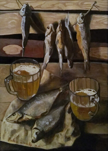 Картина под названием "Still life with fis…" - Tatiana Popova, Подлинное произведение искусства, Масло Установлен на Деревян…