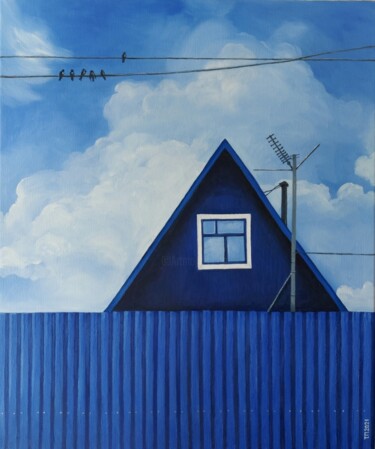 Pintura intitulada "Blue house" por Tatiana Popova, Obras de arte originais, Óleo Montado em Armação em madeira