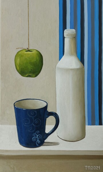 Картина под названием "Blue mug and apple" - Tatiana Popova, Подлинное произведение искусства, Масло Установлен на Деревянна…