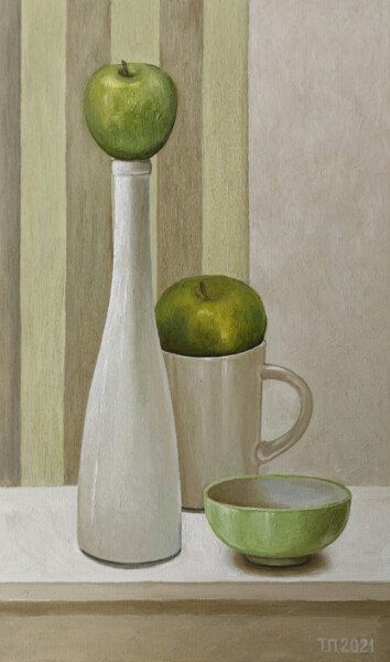 Painting titled "Two green apples" by Tatiana Popova, Original Artwork, Oil Mounted on Wood Stretcher frame