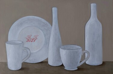 Malarstwo zatytułowany „White still life” autorstwa Tatiana Popova, Oryginalna praca, Olej Zamontowany na Drewniana rama nos…