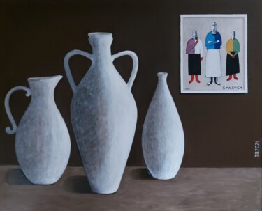 Painting titled "Three pitchers and…" by Tatiana Popova, Original Artwork, Oil Mounted on Wood Stretcher frame