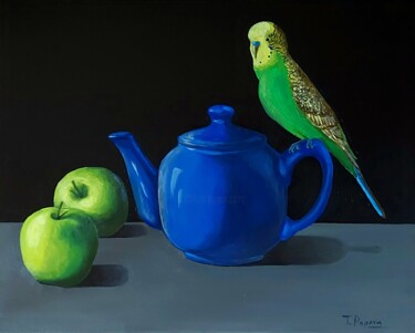 Painting titled "Two green apples, a…" by Tatiana Popova, Original Artwork, Oil