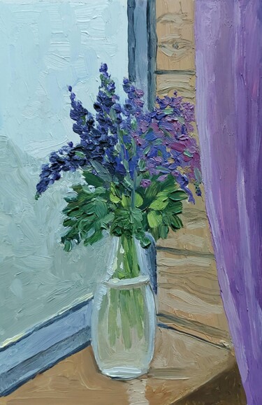 Картина под названием "Lupines in a vase.…" - Tatiana Popova, Подлинное произведение искусства, Масло