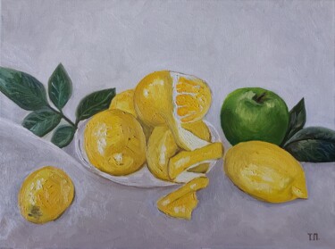 Painting titled "Still life with lem…" by Tatiana Popova, Original Artwork, Oil Mounted on Wood Stretcher frame
