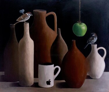 Painting titled "Birds and apples" by Tatiana Popova, Original Artwork, Oil Mounted on Wood Stretcher frame
