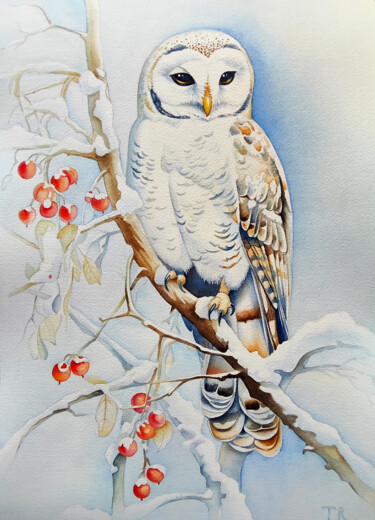 Malerei mit dem Titel "Snowy Owl" von Tatiana Repesciuc, Original-Kunstwerk, Aquarell