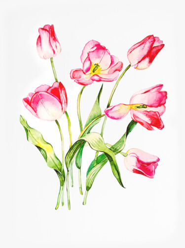 Pittura intitolato "Red Tulips" da Tatiana Repesciuc, Opera d'arte originale, Acquarello