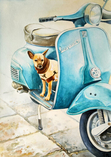 Malerei mit dem Titel "A Small Dog on a Ve…" von Tatiana Repesciuc, Original-Kunstwerk, Aquarell