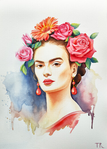 Malerei mit dem Titel "Frida Kahlo" von Tatiana Repesciuc, Original-Kunstwerk, Aquarell