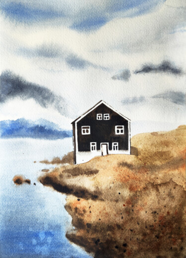 Painting titled "House by the Sea" by Tatiana Repesciuc, Original Artwork, Watercolor