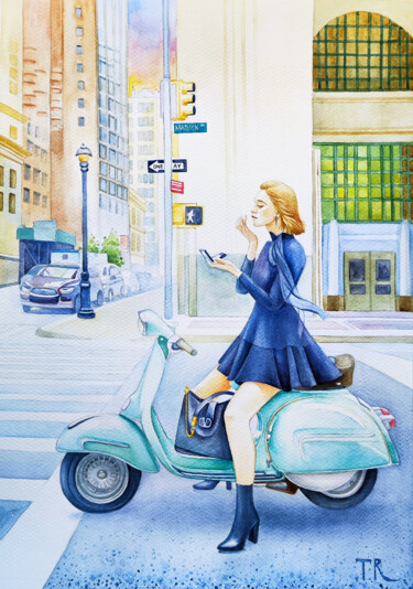 Malerei mit dem Titel "A Girl on a Moped" von Tatiana Repesciuc, Original-Kunstwerk, Aquarell