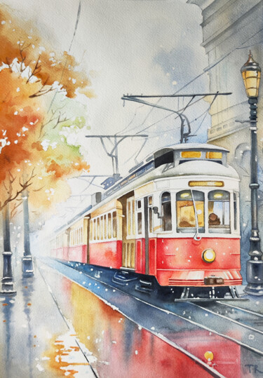 Painting titled "Prague Tram" by Tatiana Repesciuc, Original Artwork, Watercolor