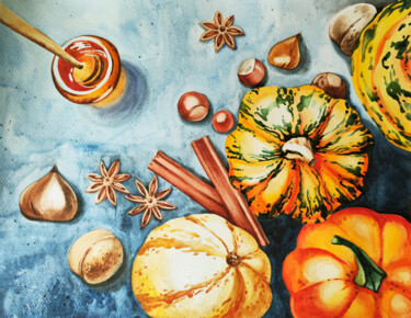 Schilderij getiteld "Pumpkins and spices" door Tatiana Repesciuc, Origineel Kunstwerk, Aquarel