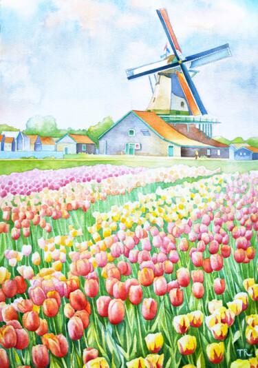 Schilderij getiteld "Netherlands Field o…" door Tatiana Repesciuc, Origineel Kunstwerk, Aquarel