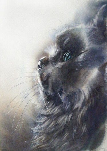 Schilderij getiteld "Black cat" door Tatiana Sereda, Origineel Kunstwerk, Aquarel