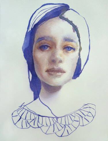 Painting titled "Girl with blue lace" by Tatiana Sereda, Original Artwork, Watercolor
