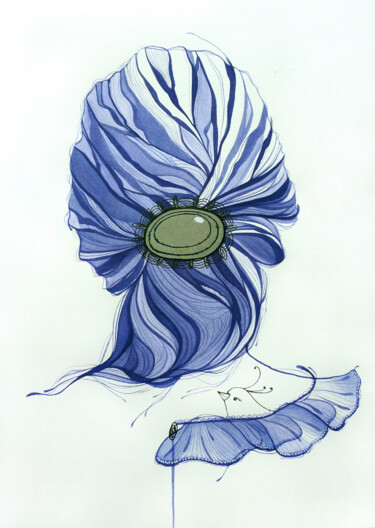 Desenho intitulada "GIRL WITH BLUE LACE…" por Tatiana Sereda, Obras de arte originais, Aquarela