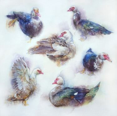 Malerei mit dem Titel "Geese" von Tatiana Sereda, Original-Kunstwerk, Aquarell