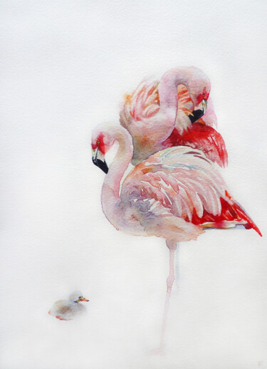 Картина под названием "Flamingo family" - Tatiana Sereda, Подлинное произведение искусства, Акварель