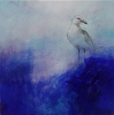 Painting titled "Seagull on a blue" by Tatiana Tarasova, Original Artwork, Acrylic Mounted on Wood Stretcher frame