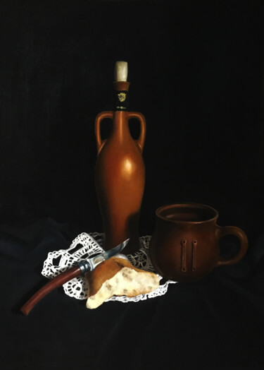 STILL LIFE WITH WINE, BREAD AND CLAY MUG Painting titled "STILL LIFE WITH WIN…" by Tatiana Voskresenskaya, Original Art, Oil Mounted on Stretcher frame