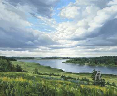 Painting titled "River valley" by Tatiana Votkal, Original Artwork, Oil Mounted on Wood Stretcher frame