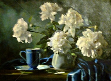 Картина под названием "Белые пионы" - Tatiana Zakharova, Подлинное произведение искусства, Масло
