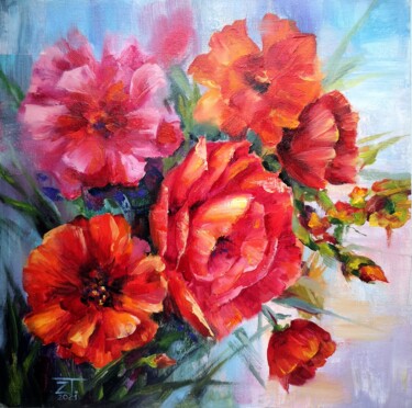 Painting titled "Poppy Bouquet Wall…" by Tatiana Zhuravleva, Original Artwork, Oil
